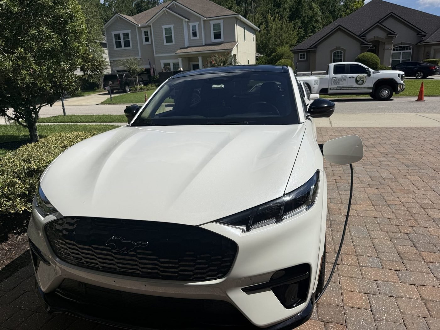 Ford Mustang Mach-E charging from a Ford Connected Charge Station installed by Pure Power Electrical in Durbin Crossing, St. Johns, FL